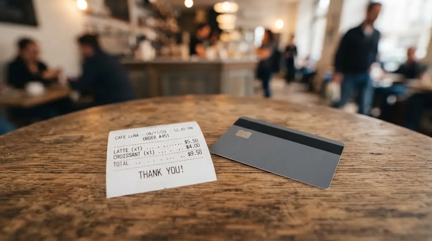 A receipt and a card on a café table