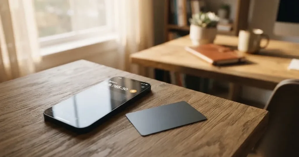 A payment card next to a phone with a crypto wallet app open