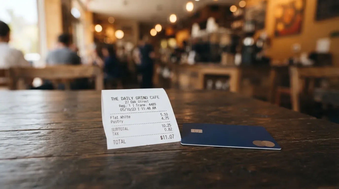 A receipt and a card on a café table