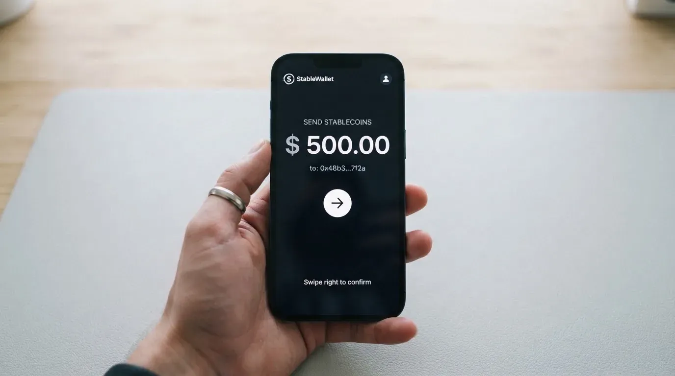 A phone showing a stablecoin transfer screen