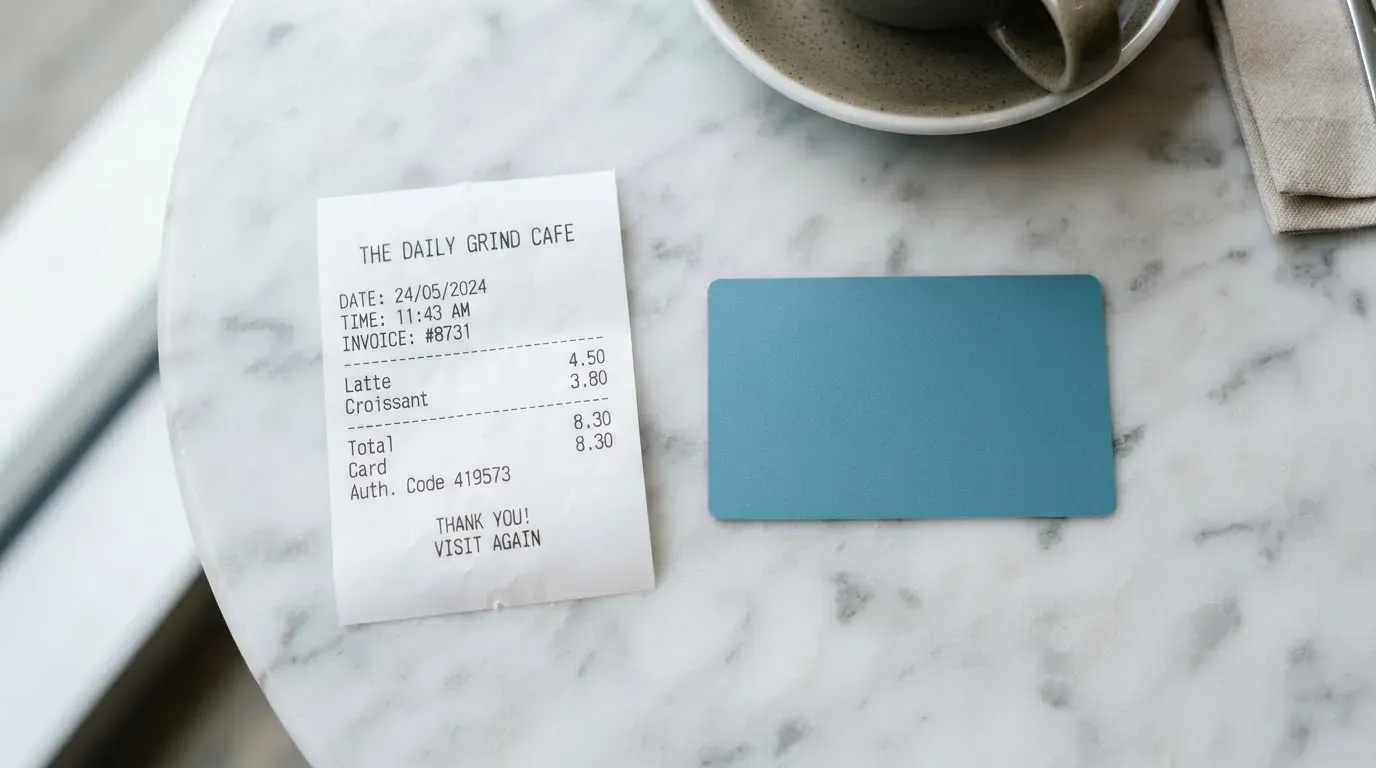 A receipt and a card on a café table