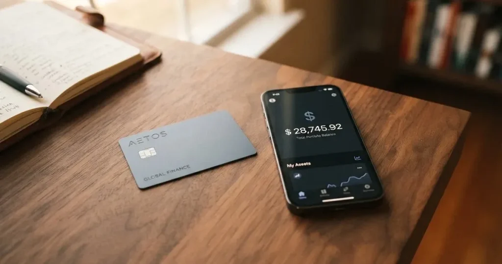 A payment card next to a phone with a crypto wallet app open