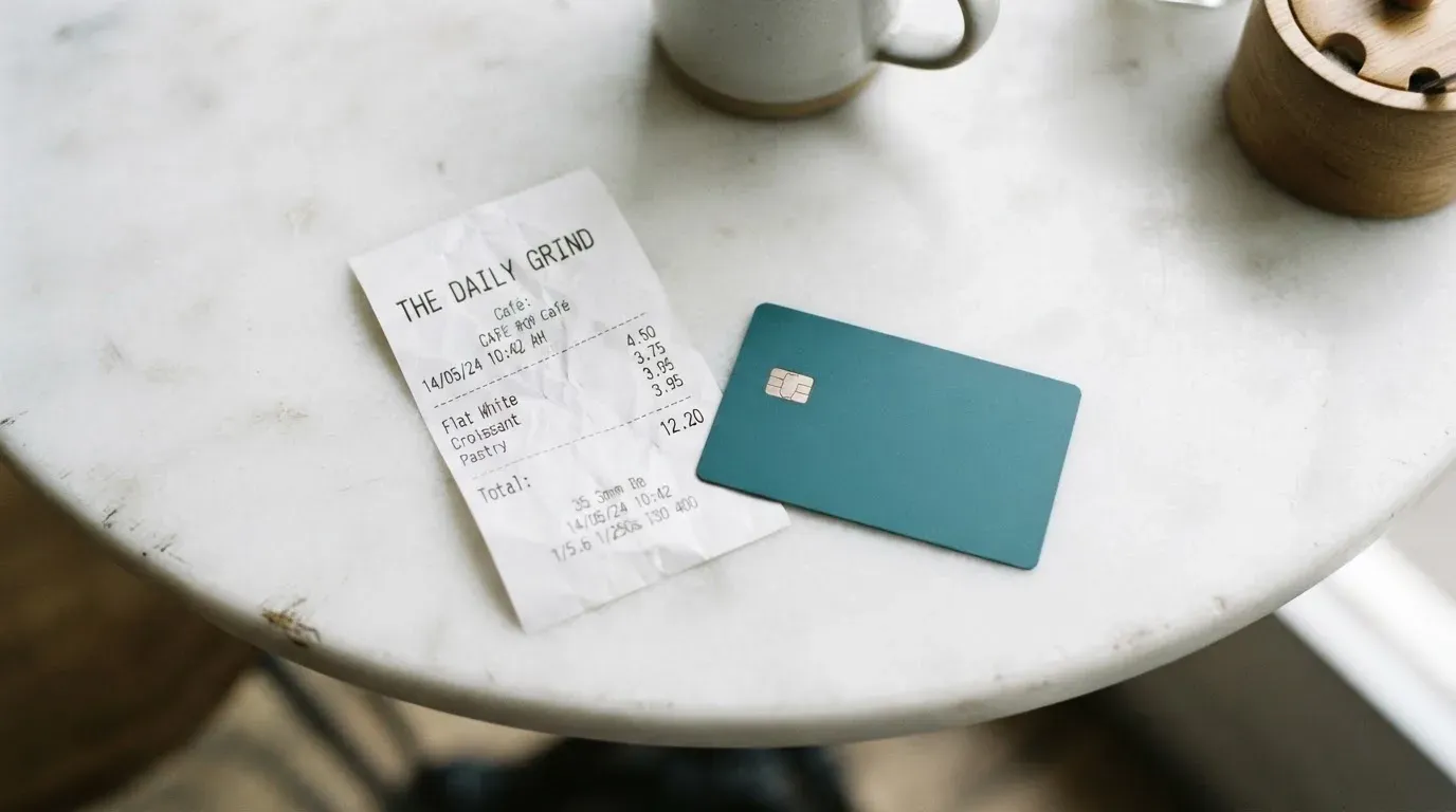 A receipt and a card on a café table