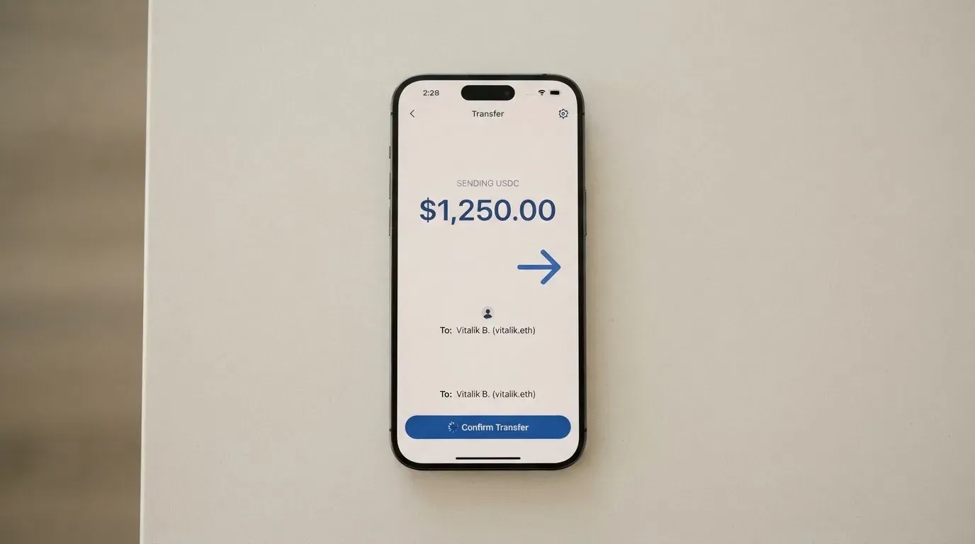 A phone showing a stablecoin transfer screen