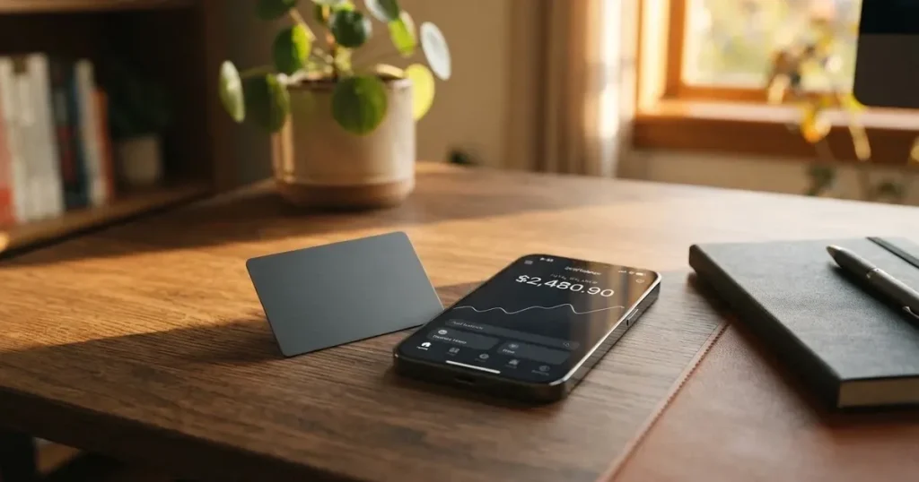 A payment card next to a phone with a crypto wallet app open
