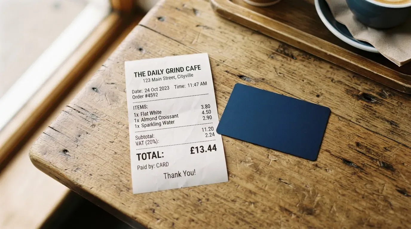 A receipt and a card on a café table