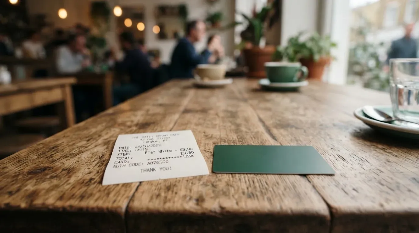 A receipt and a card on a café table