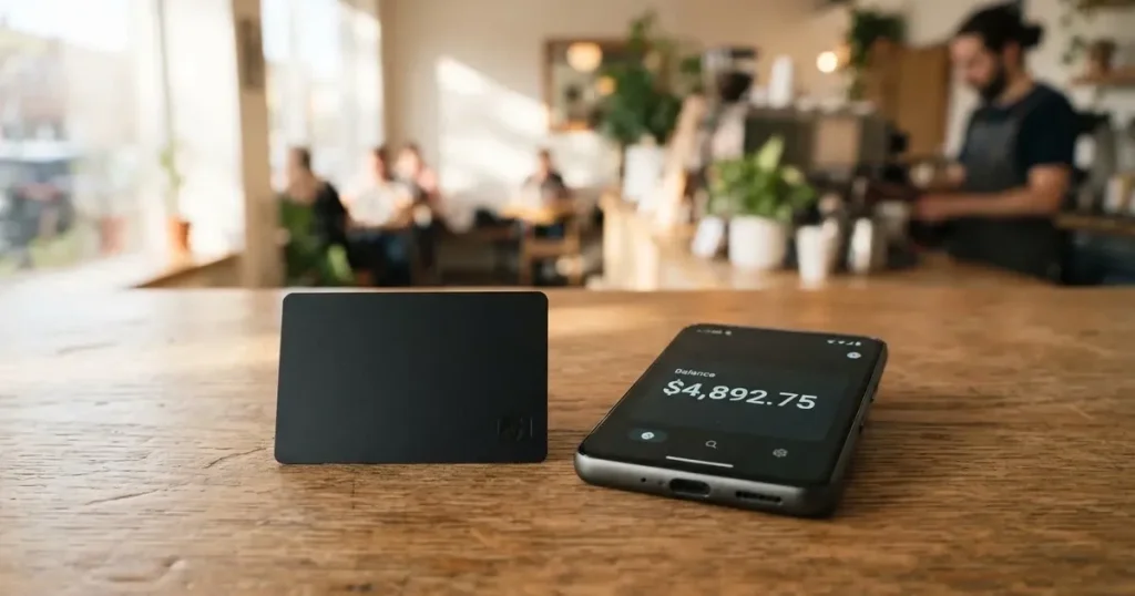 A payment card next to a phone with a crypto wallet app open