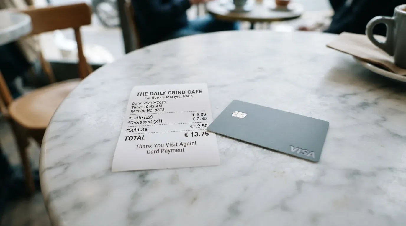 A receipt and a card on a café table