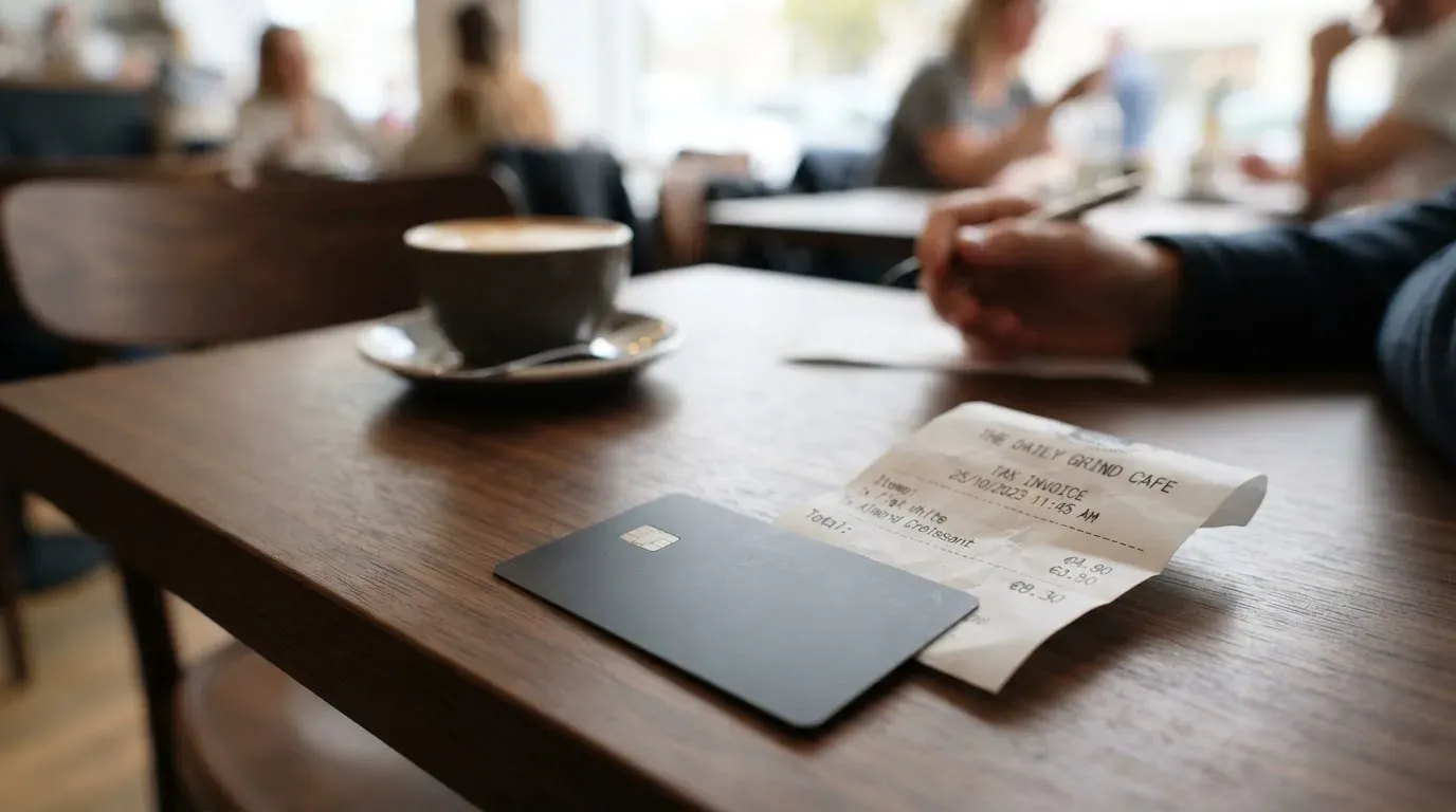 A receipt and a card on a café table