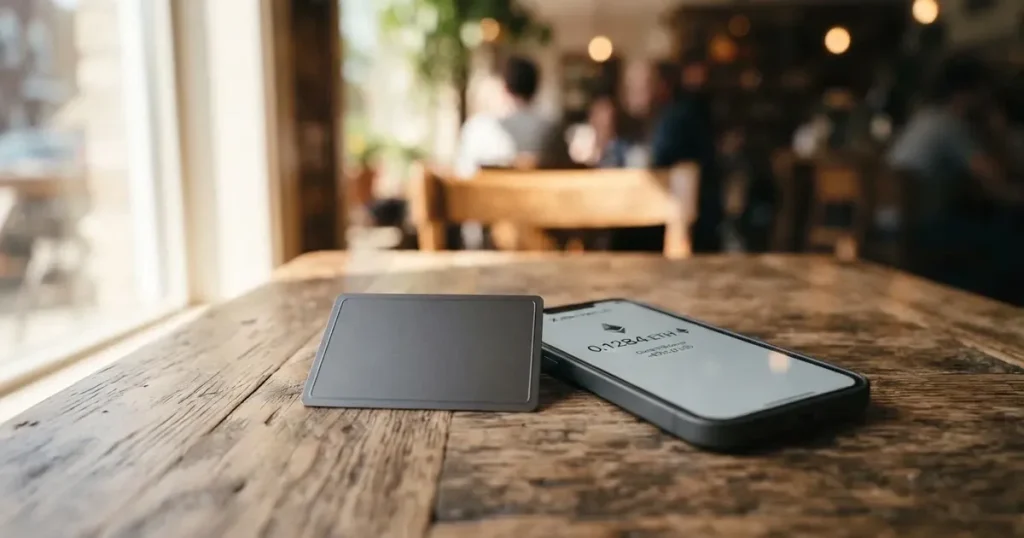 A payment card next to a phone with a crypto wallet app open
