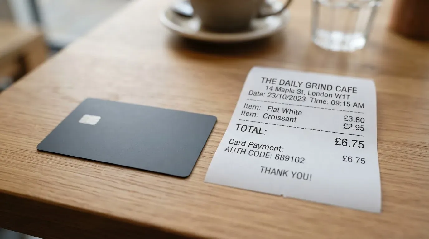A receipt and a card on a café table