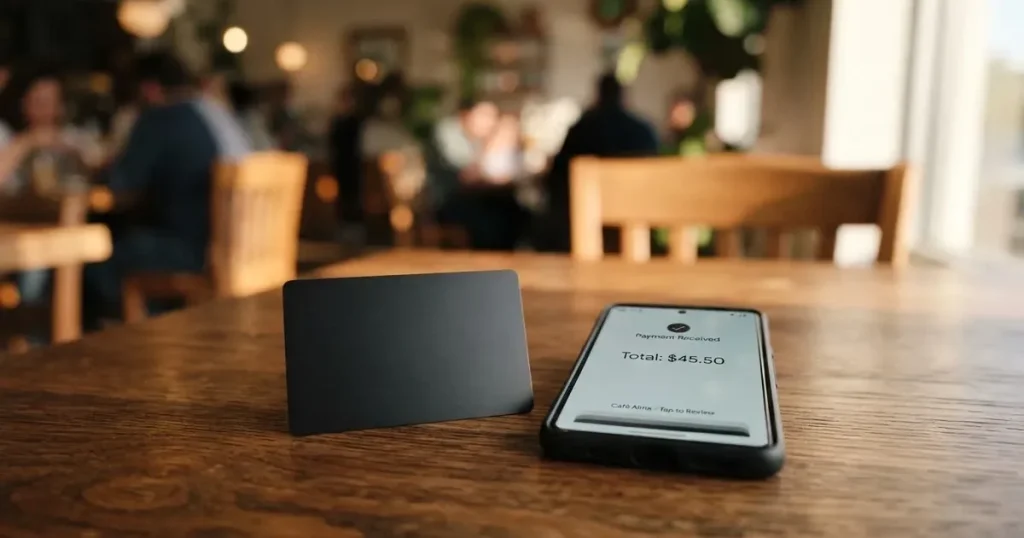 A payment card next to a phone with a crypto wallet app open