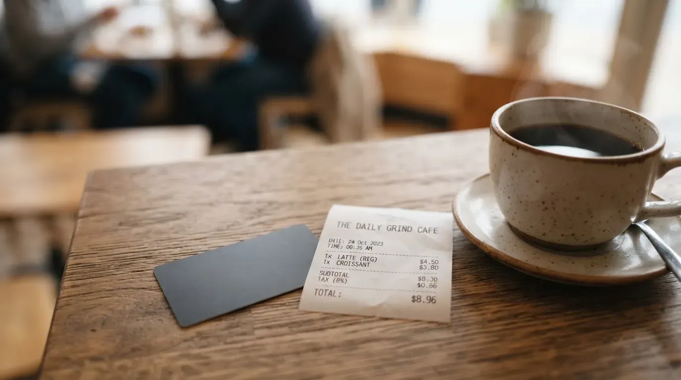 A receipt and a card on a café table
