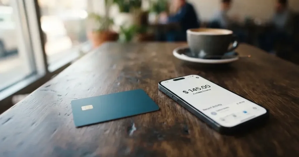 A payment card next to a phone with a crypto wallet app open