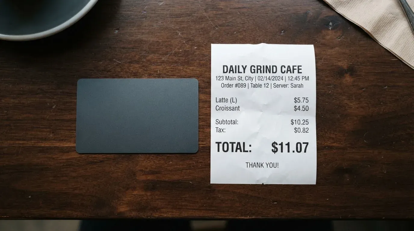A receipt and a card on a café table