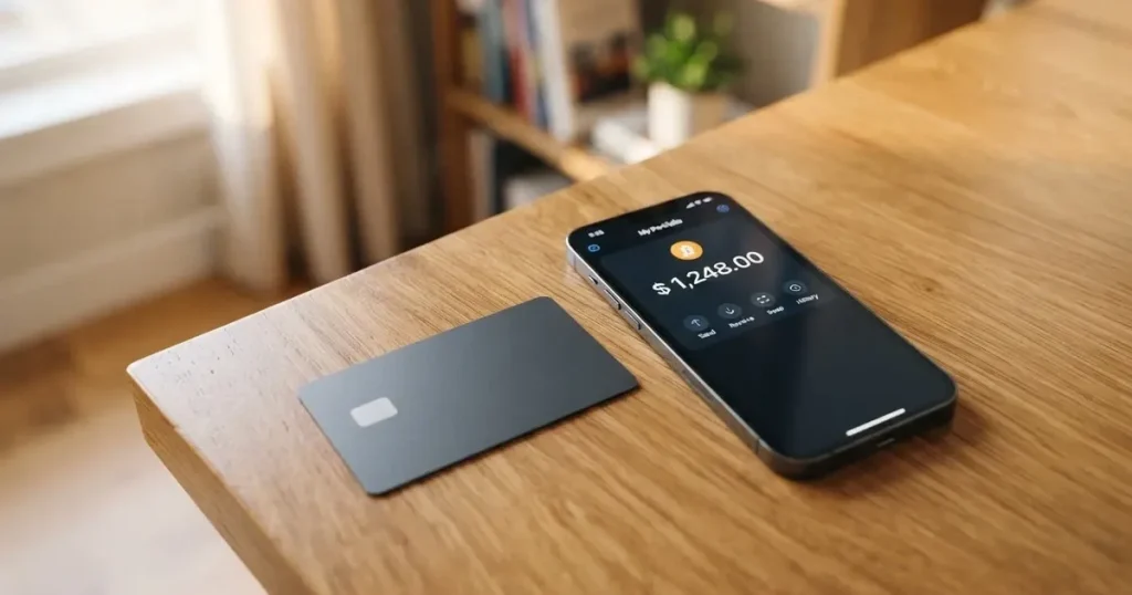 A payment card next to a phone with a crypto wallet app open