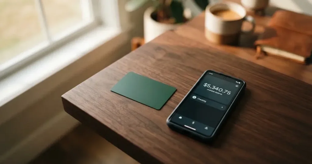 A payment card next to a phone with a crypto wallet app open