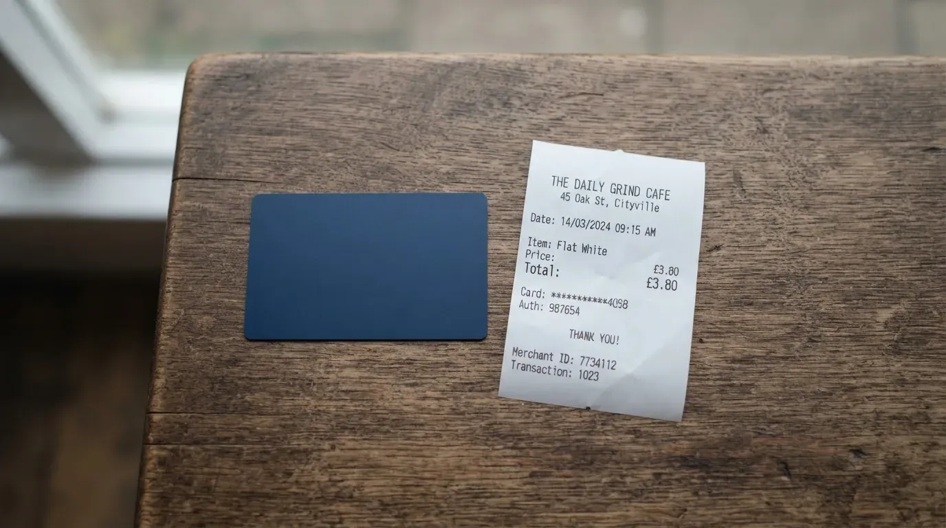 A receipt and a card on a café table