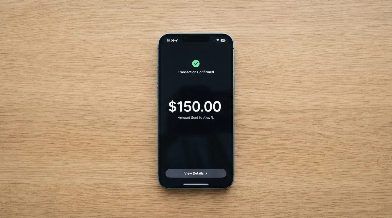 A phone showing a stablecoin transfer screen