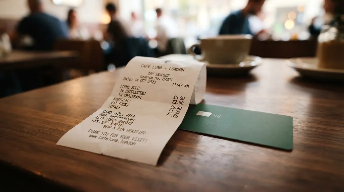 A receipt and a card on a café table