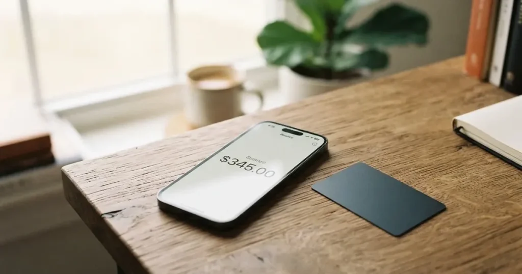 A payment card next to a phone with a crypto wallet app open