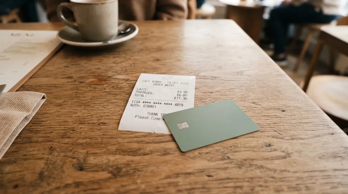 A receipt and a card on a café table