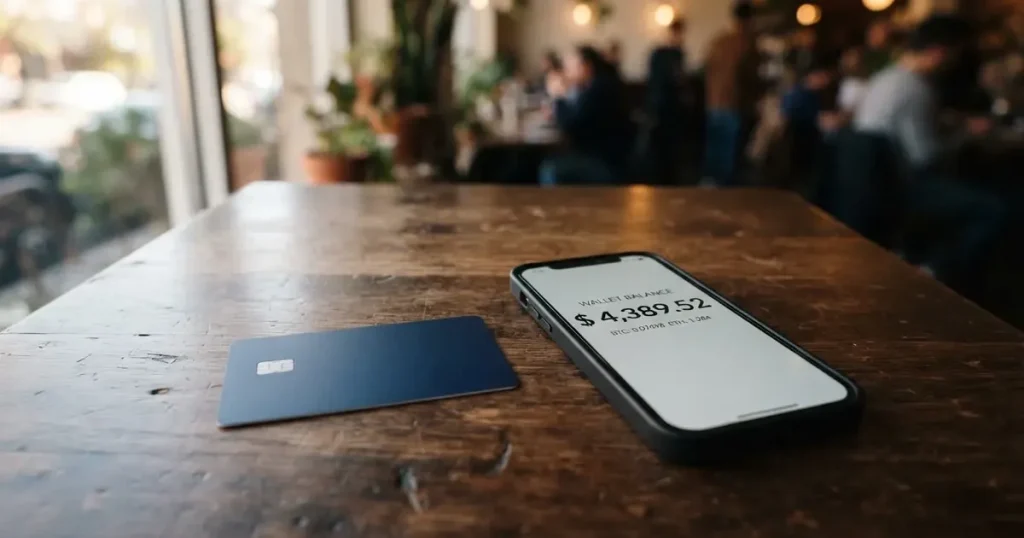 A payment card next to a phone with a crypto wallet app open