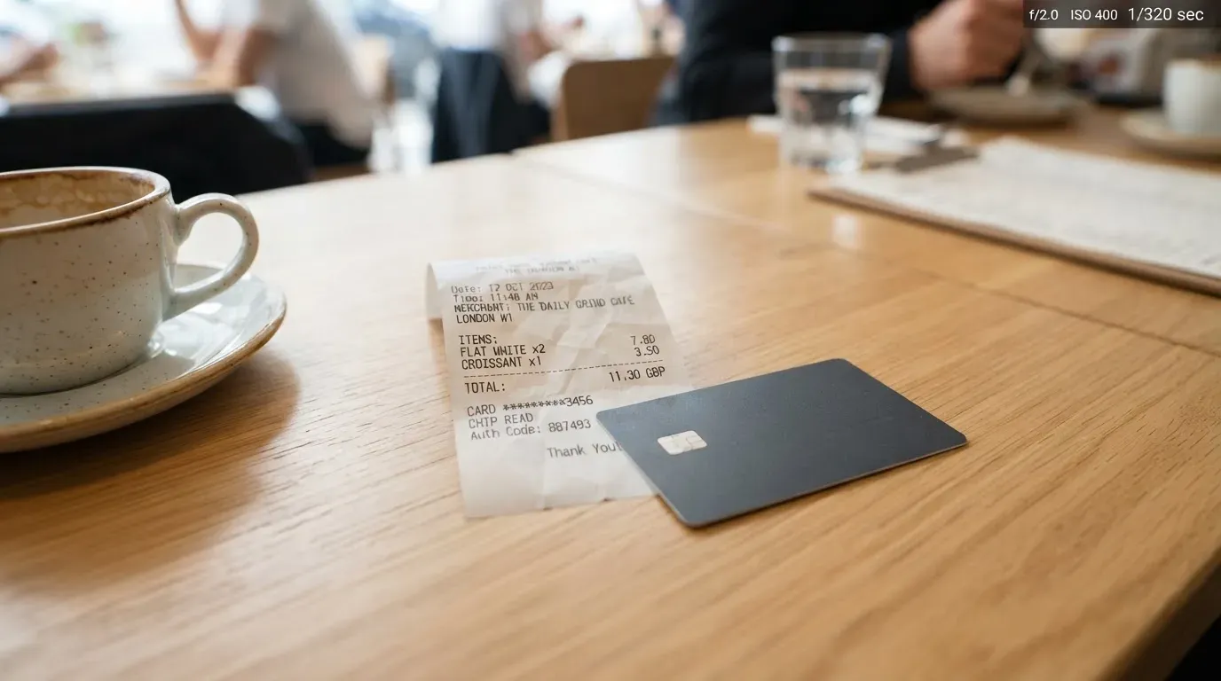 A receipt and a card on a café table