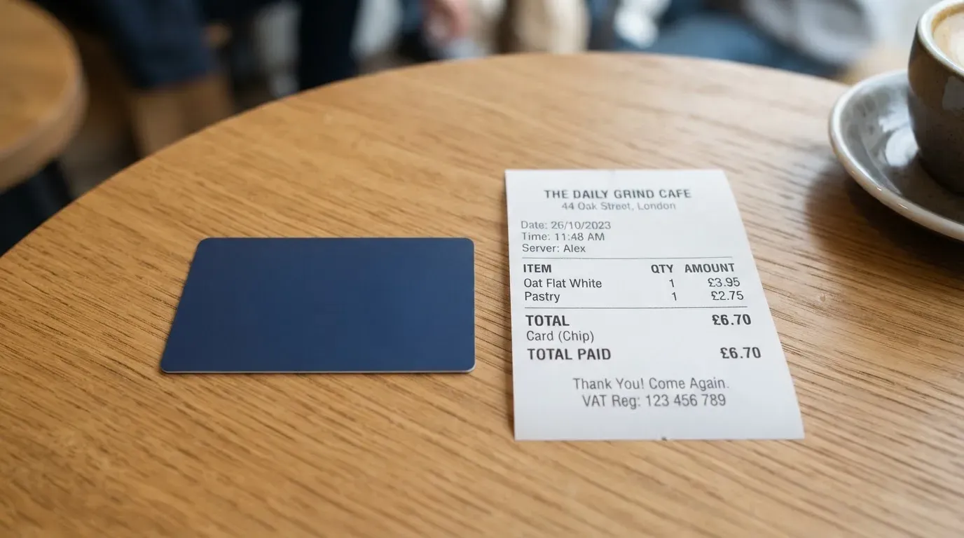 A receipt and a card on a café table
