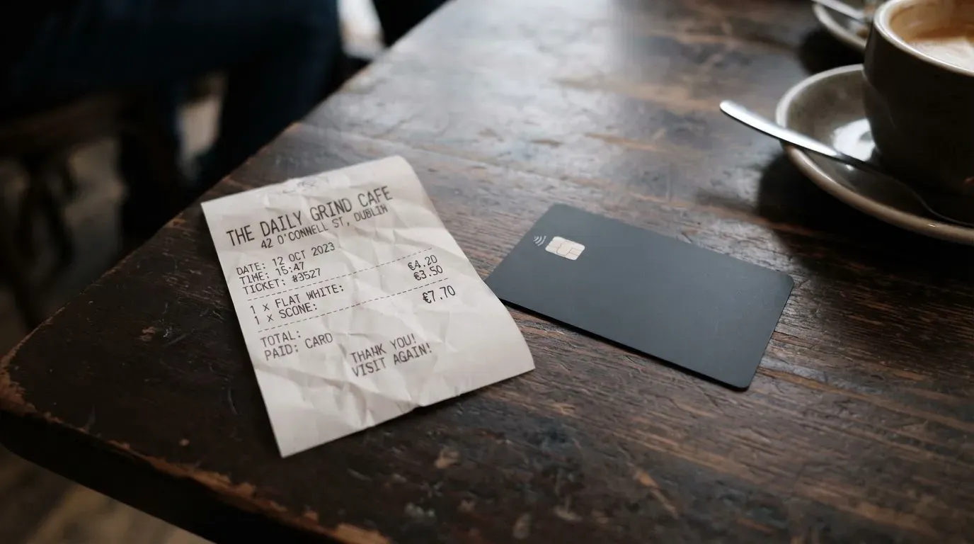 A receipt and a card on a café table
