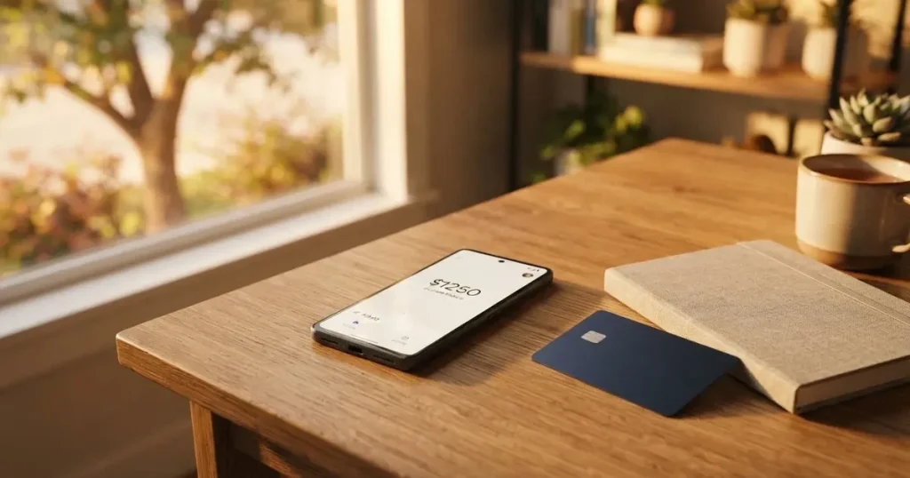 A payment card next to a phone with a crypto wallet app open