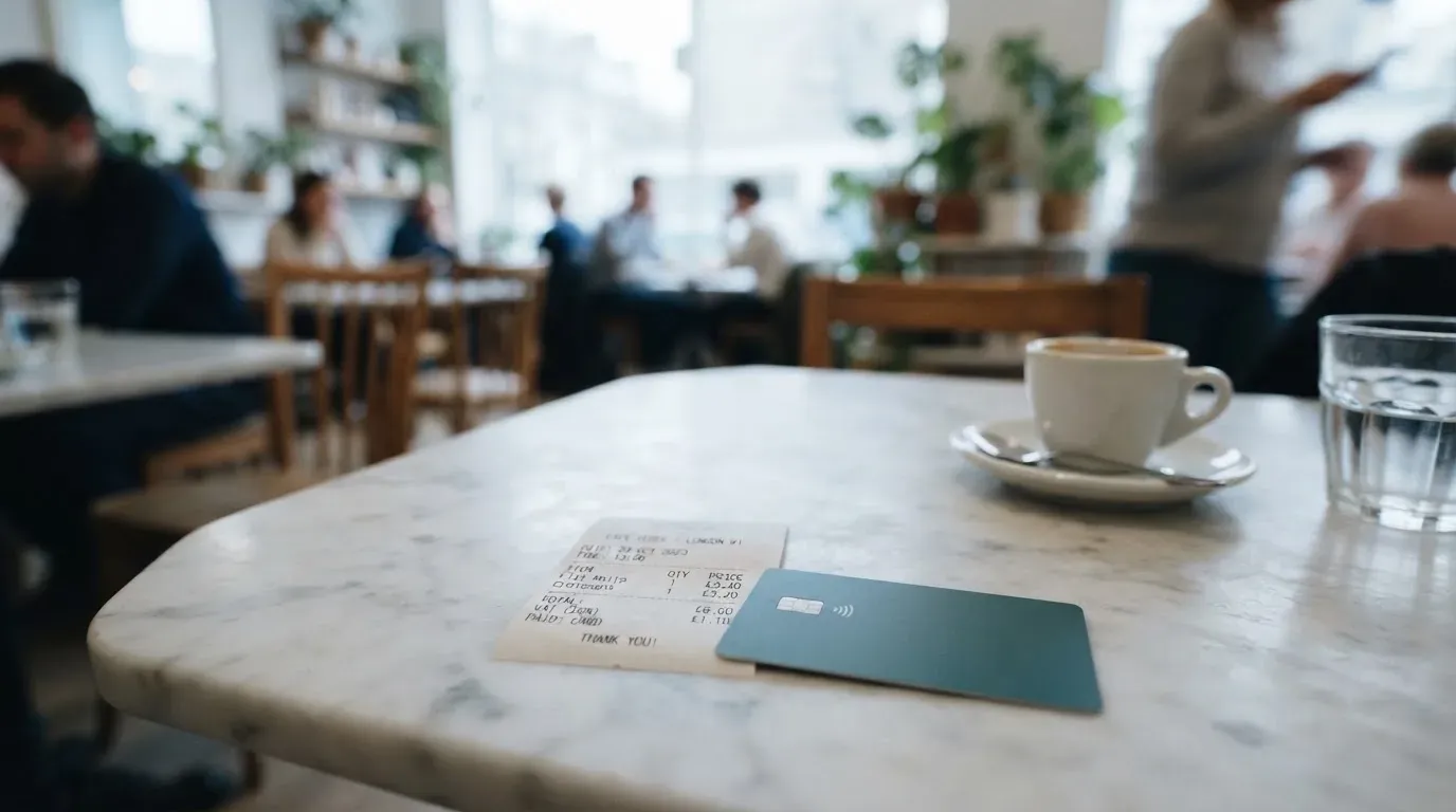 A receipt and a card on a café table