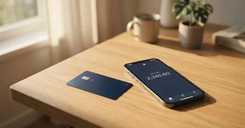 A payment card next to a phone with a crypto wallet app open