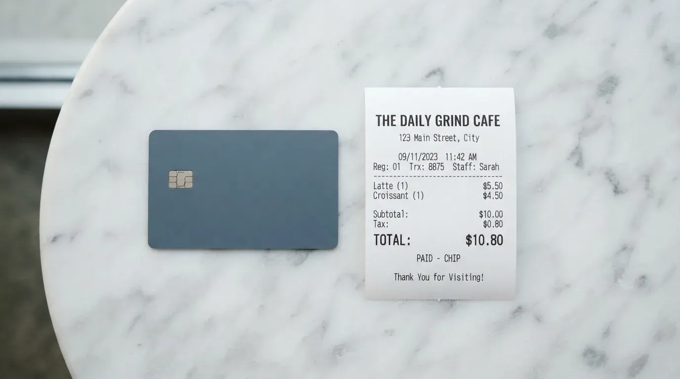 A receipt and a card on a café table