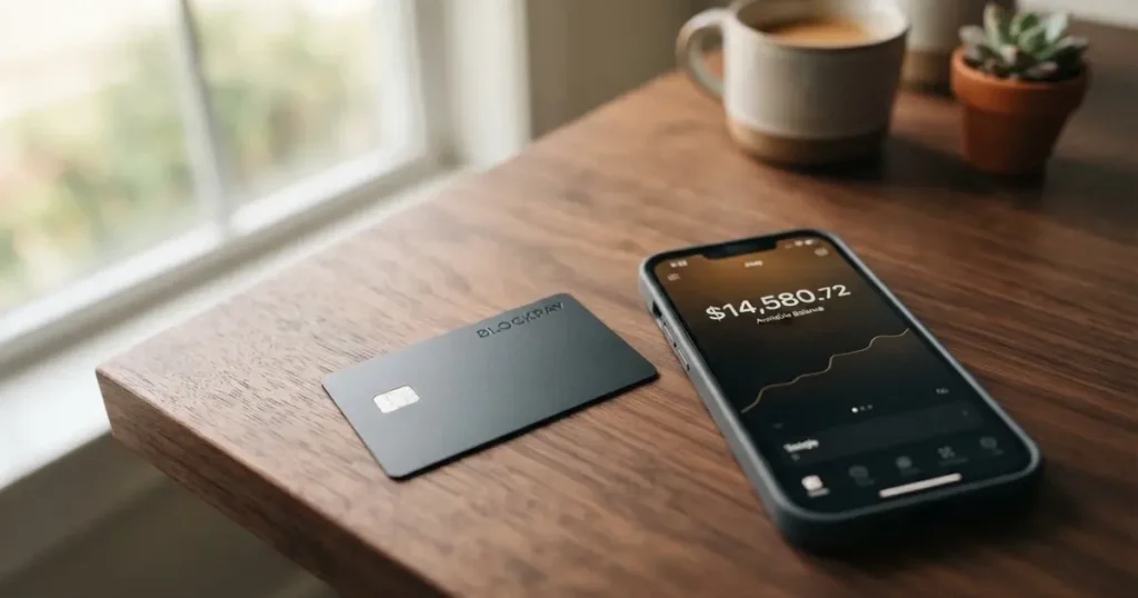 A payment card next to a phone with a crypto wallet app open