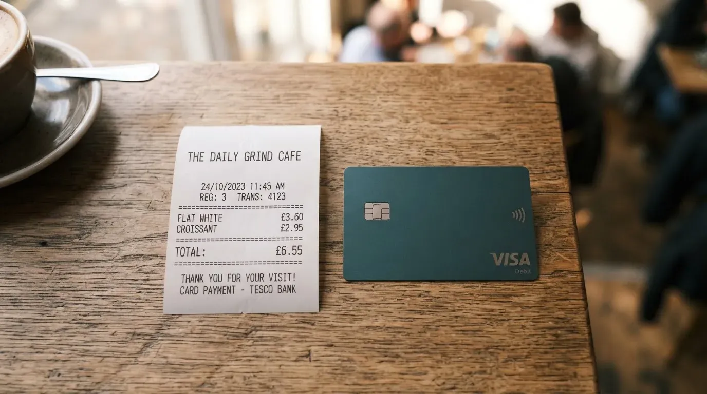 A receipt and a card on a café table