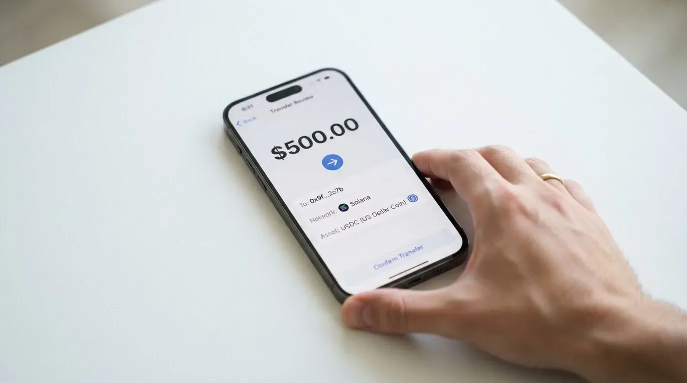 A phone showing a stablecoin transfer screen