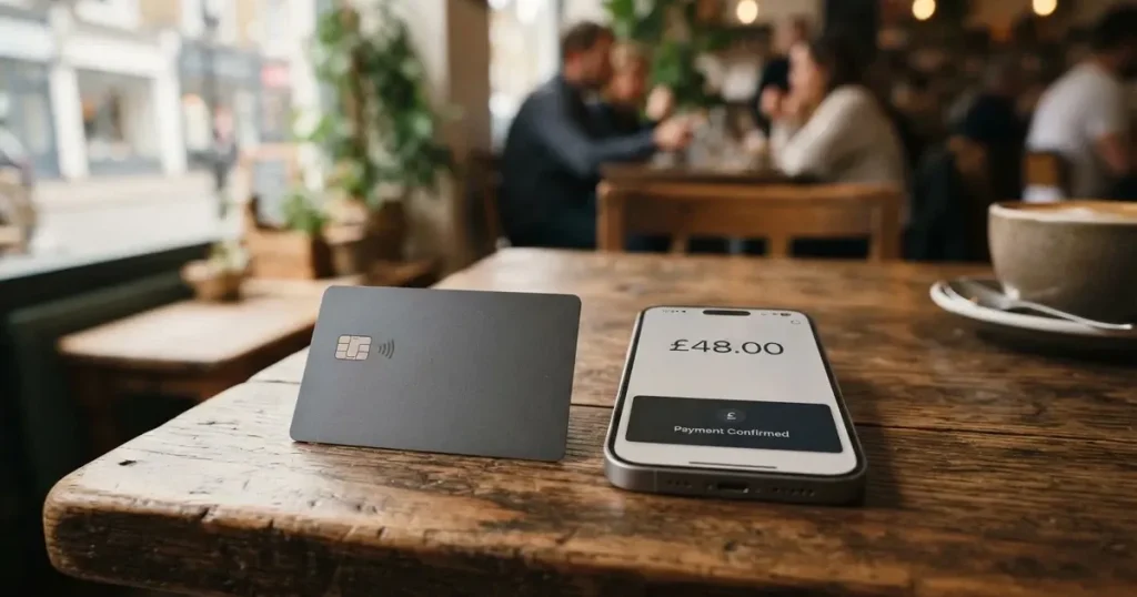 A payment card next to a phone with a crypto wallet app open