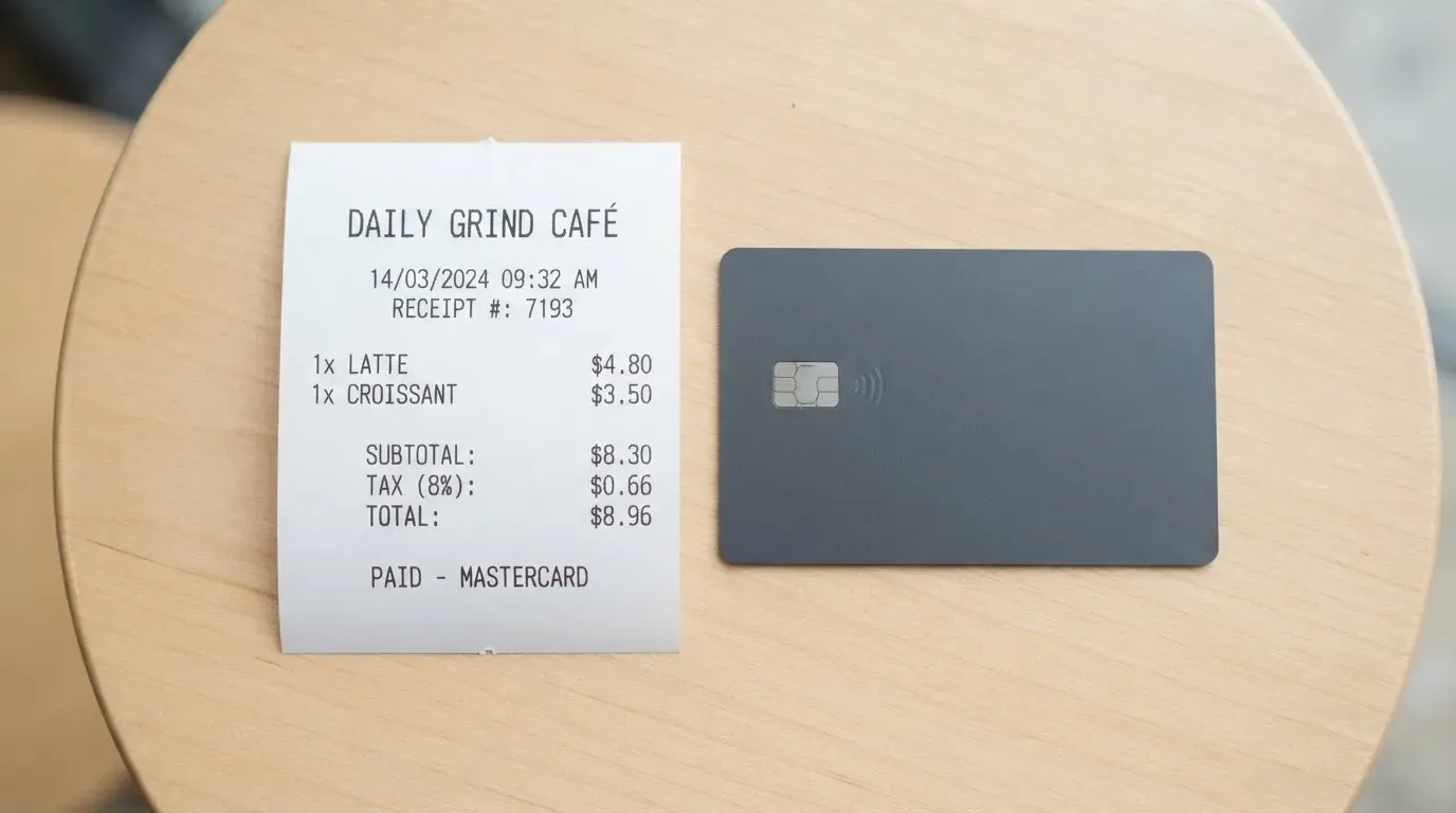 A receipt and a card on a café table