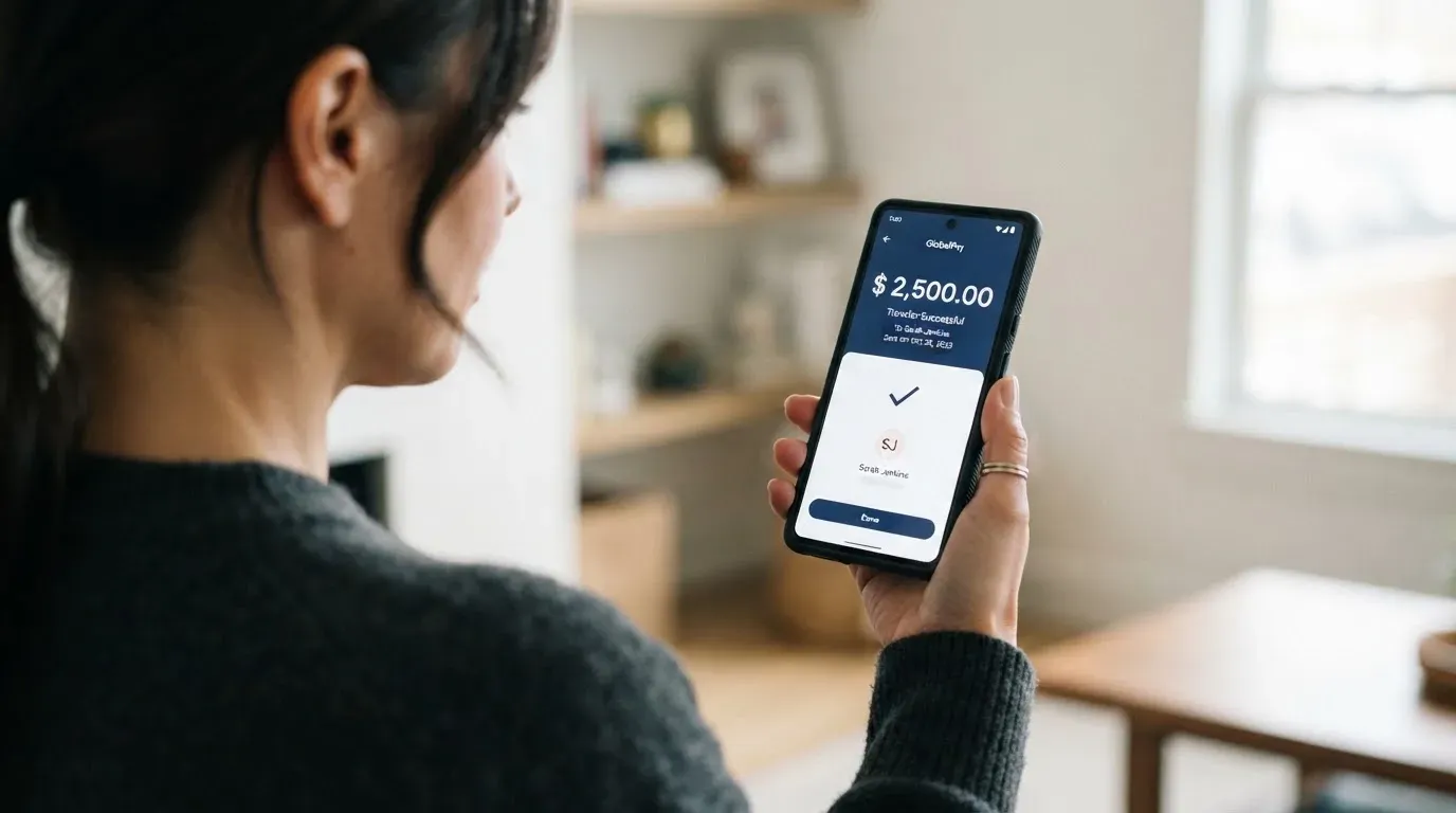 A phone showing a stablecoin transfer screen