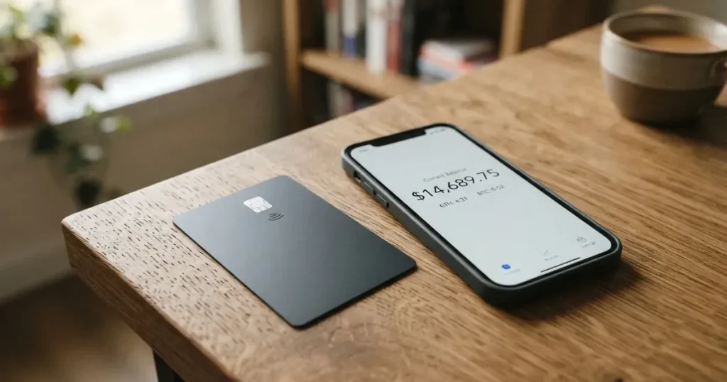 A payment card next to a phone with a crypto wallet app open