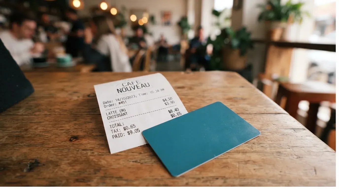 A receipt and a card on a café table