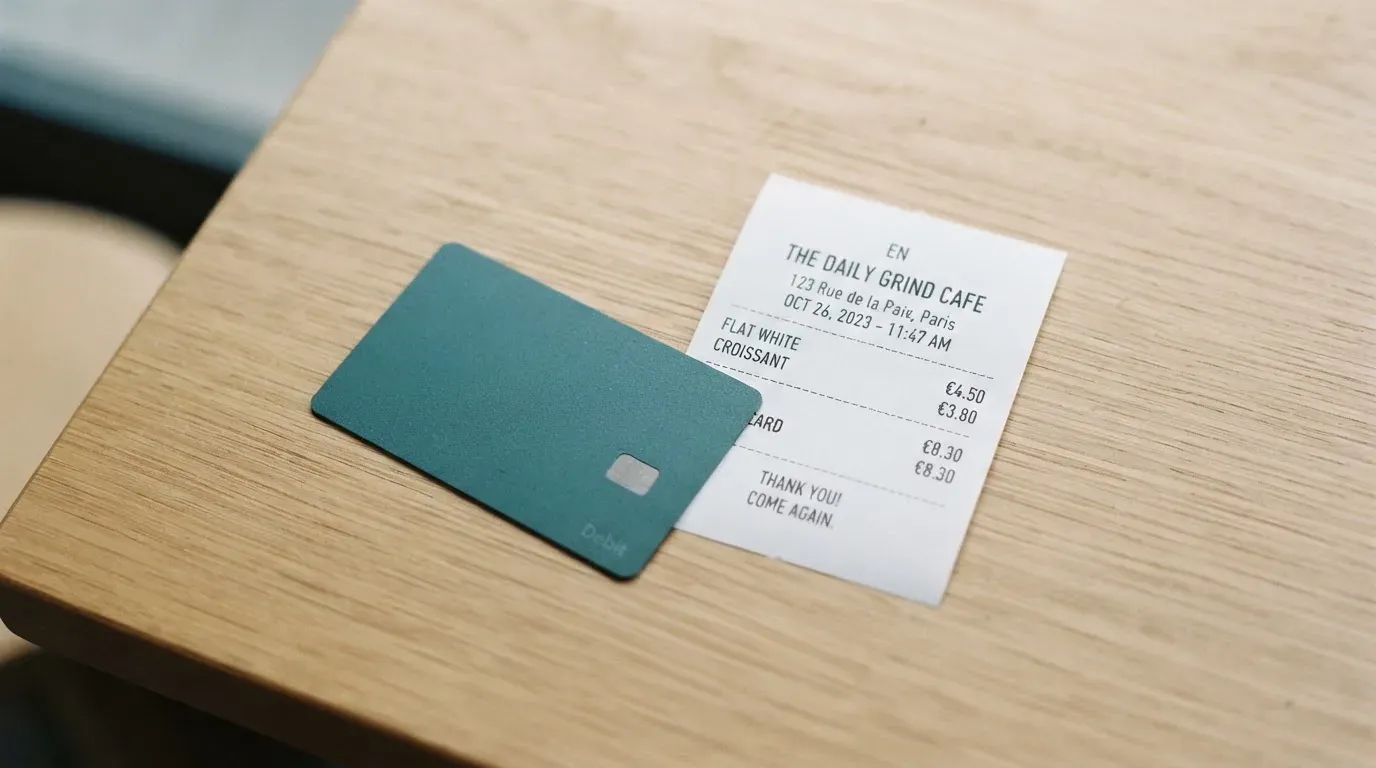 A receipt and a card on a café table