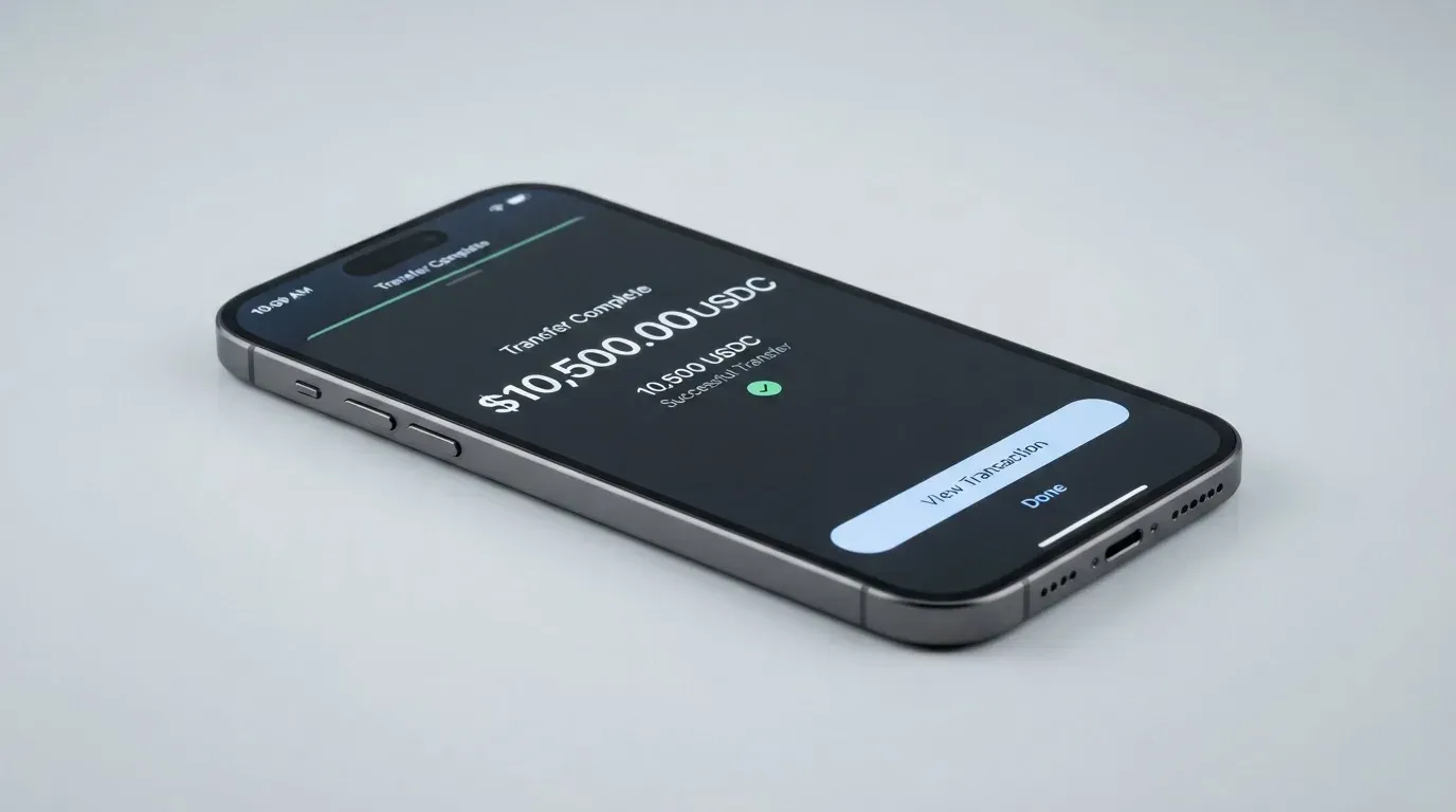 A phone showing a stablecoin transfer screen