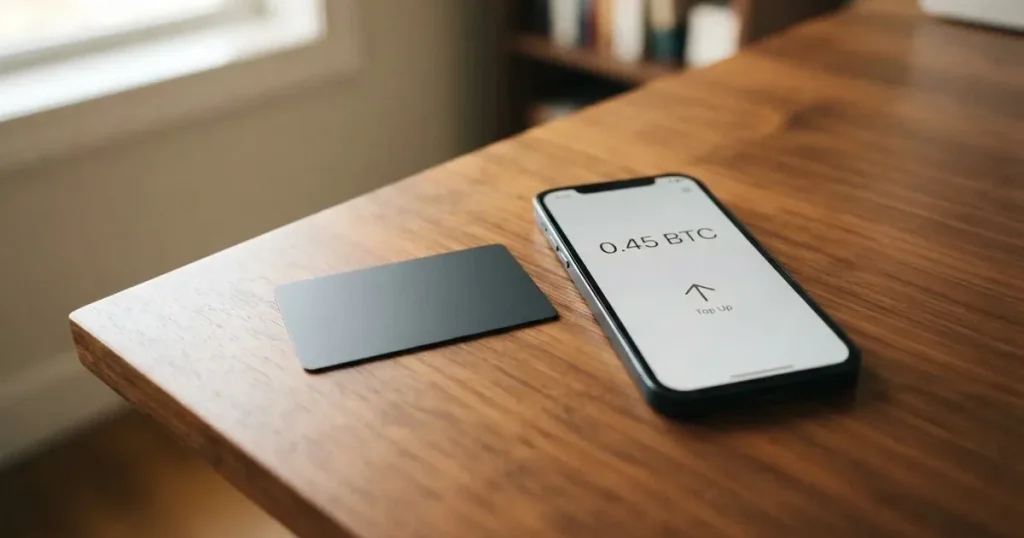 A payment card next to a phone with a crypto wallet app open