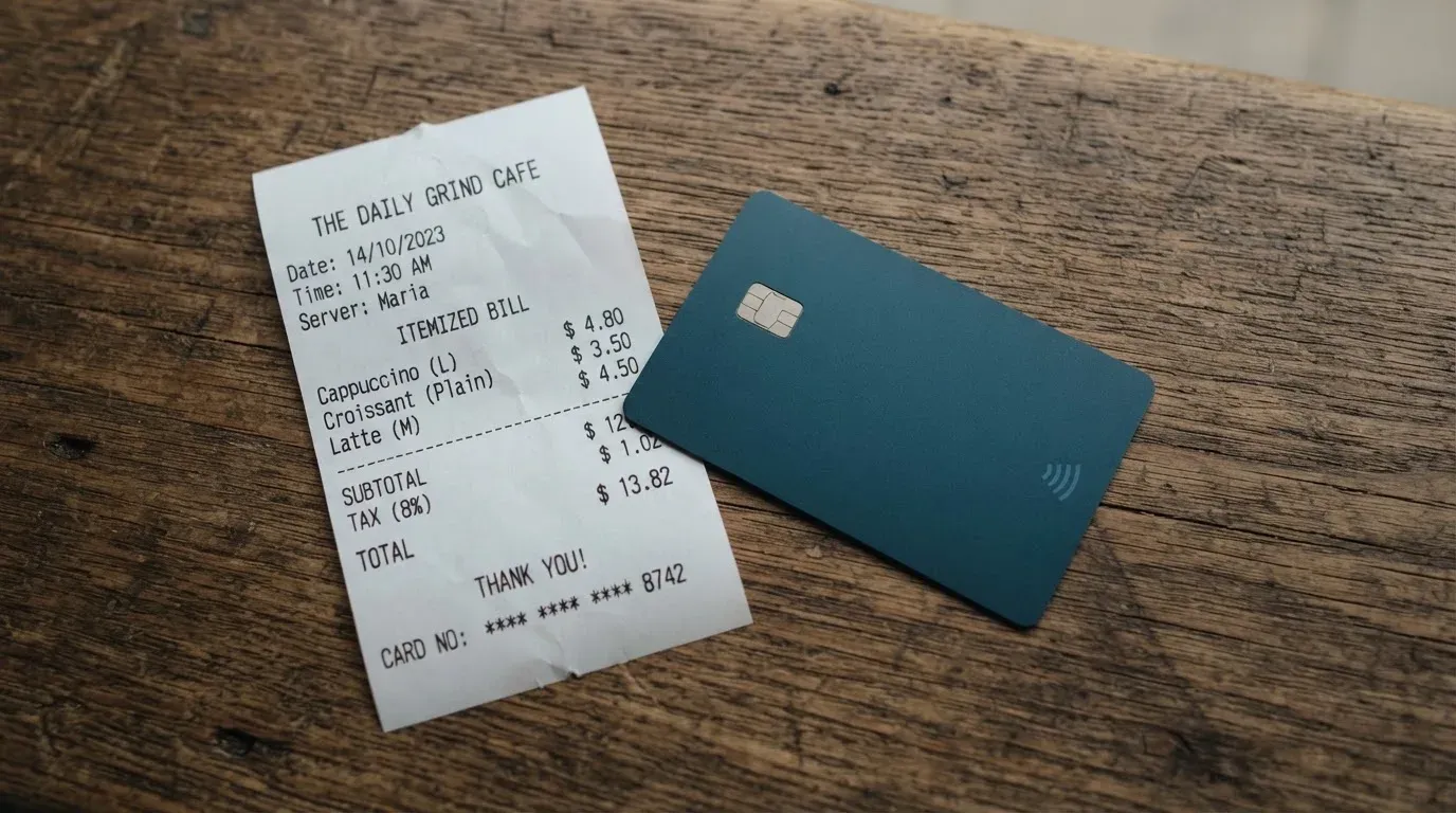 A receipt and a card on a café table