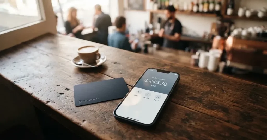 A payment card next to a phone with a crypto wallet app open