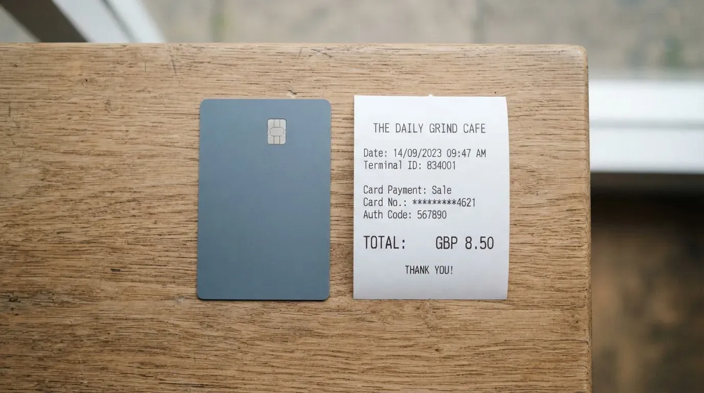 A receipt and a card on a café table