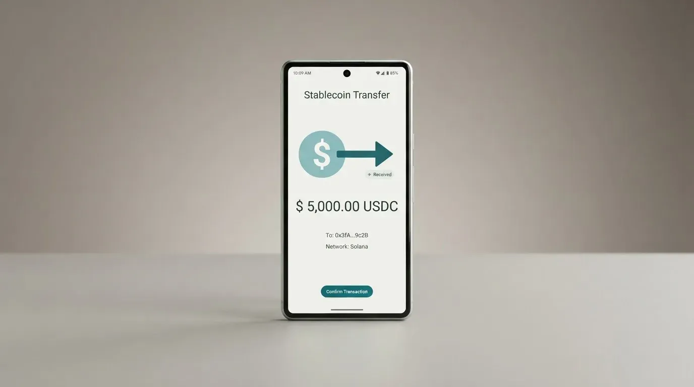 A phone showing a stablecoin transfer screen